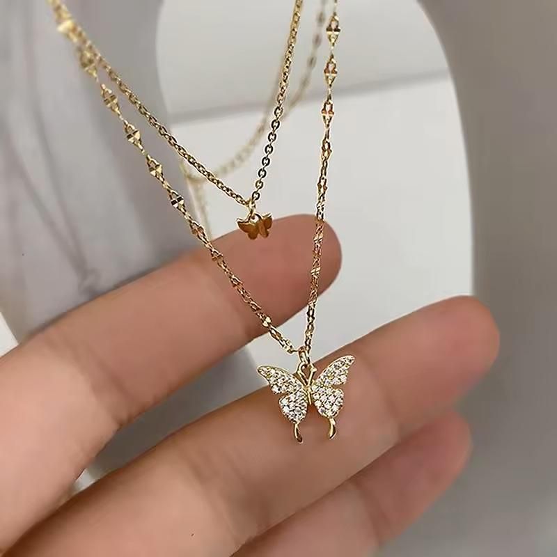 D&C Double Layer Clavicle Chain Necklace Jewelry Zircon Butterfly Pendant Necklace (Gold)