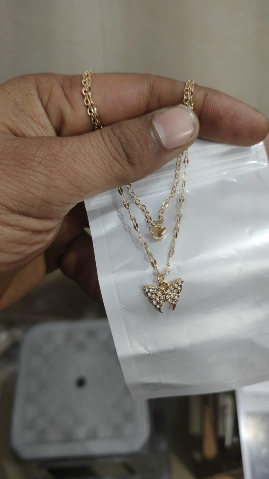 D&C Double Layer Clavicle Chain Necklace Jewelry Zircon Butterfly Pendant Necklace (Gold)