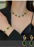 D&C Oval Green Crystal Pendant Necklace Set With Bracelet