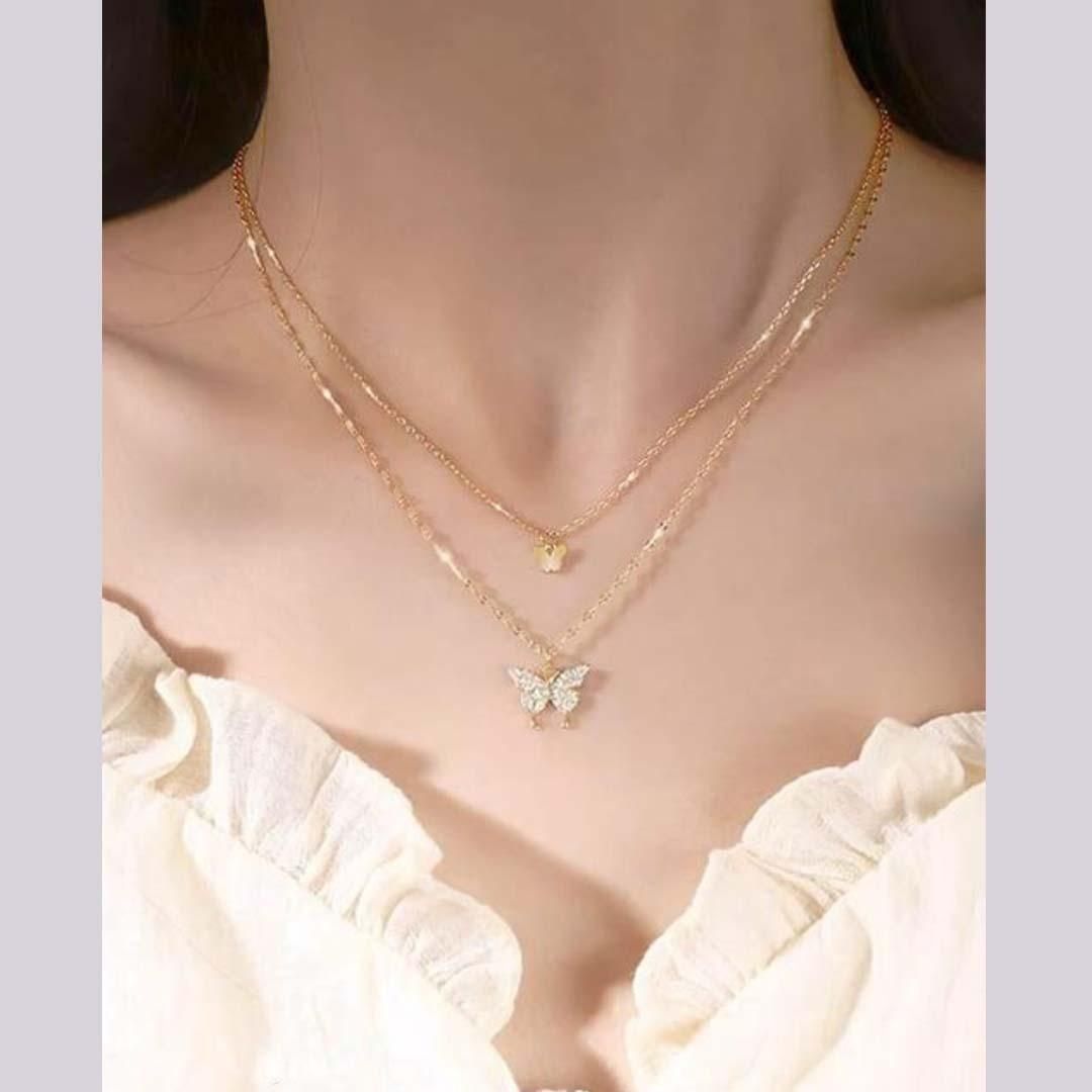 D&C Double Layer Clavicle Chain Necklace Jewelry Zircon Butterfly Pendant Necklace (Gold)